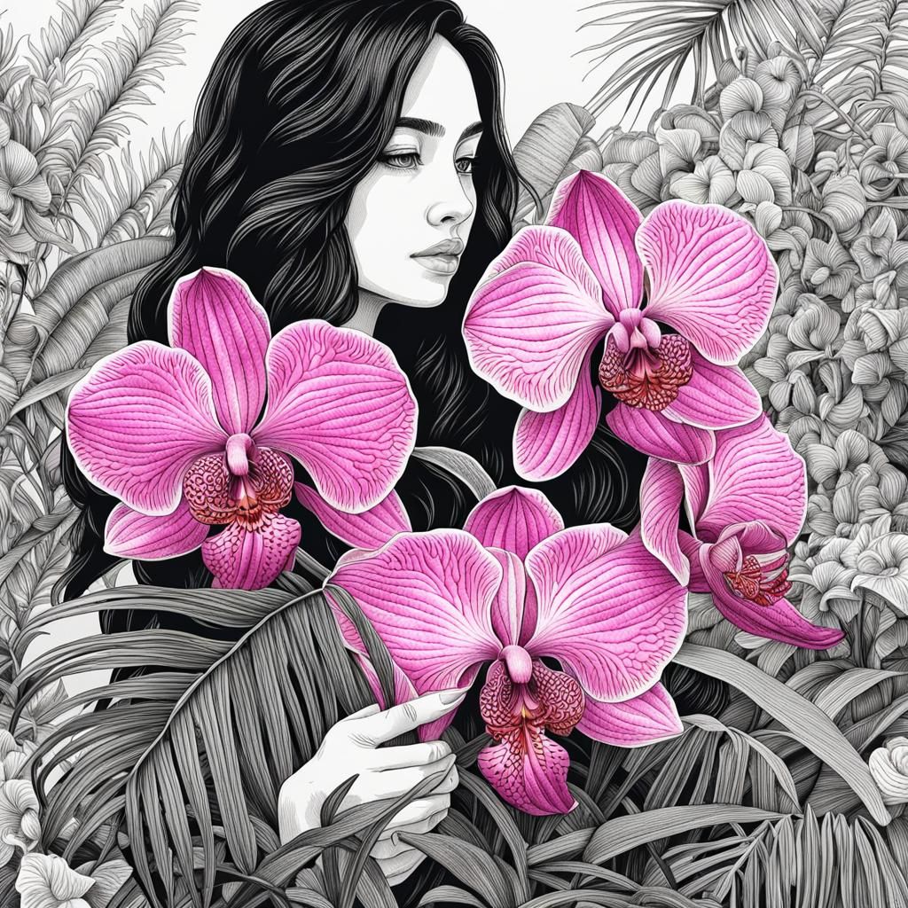 Girl Holding Pink Orchid: Botanical Ink Illustration