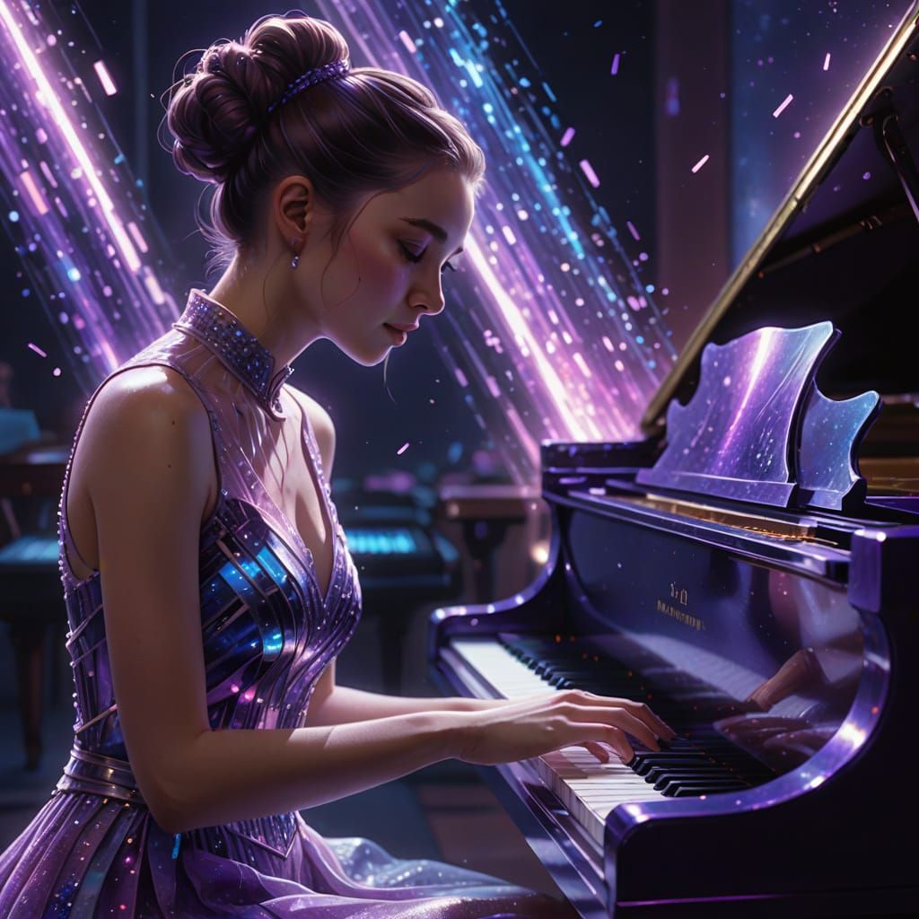 Woman Plays Purple Piano in Space: Digital Art