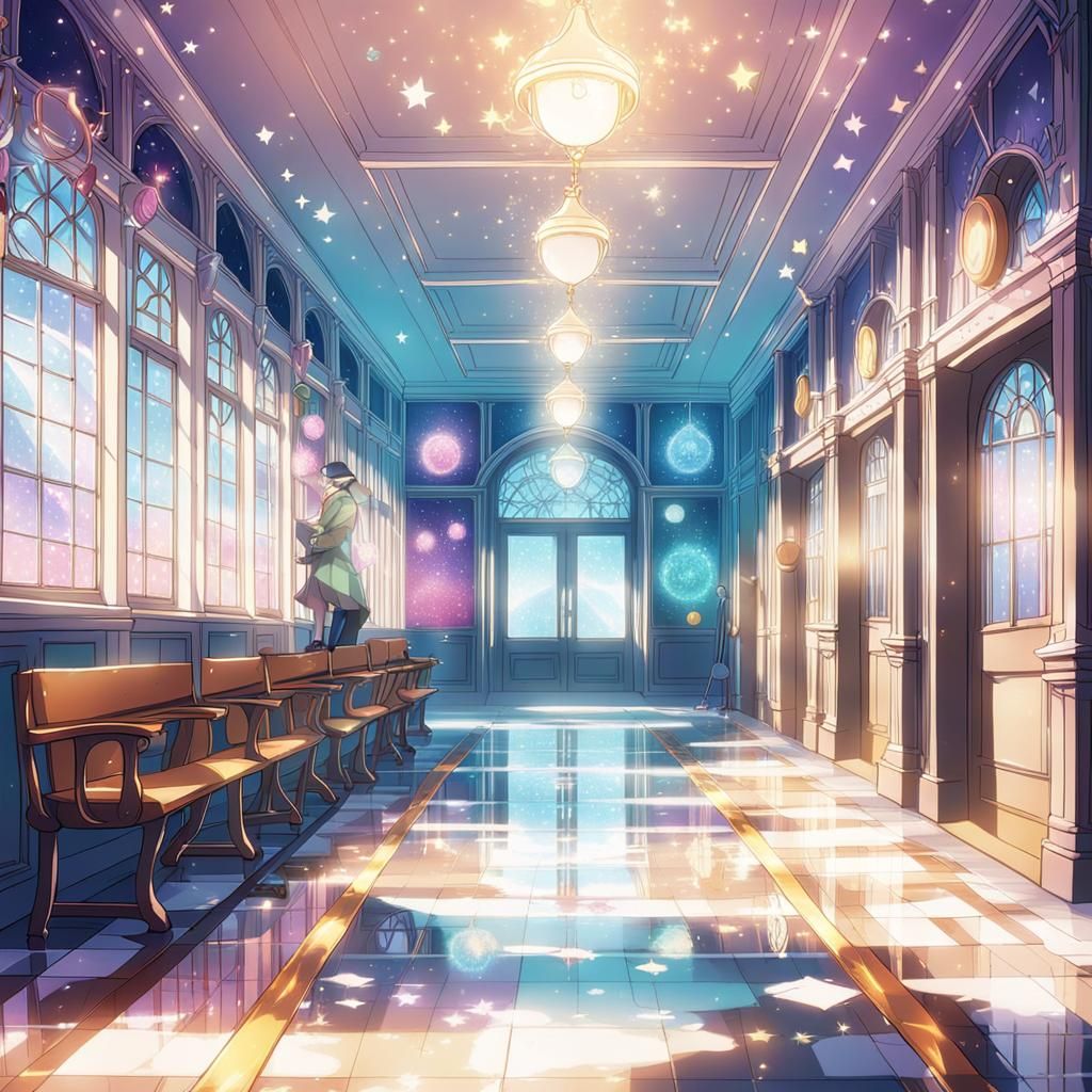 Sparkling Magical School Hallway in Anime Style
