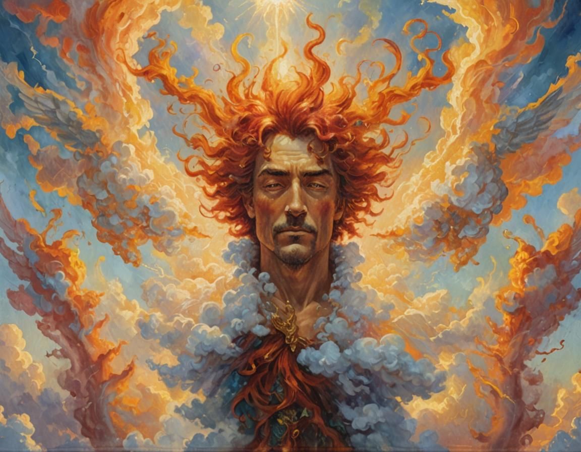 Fiery Spirit Rising From Clouds as Oil Painting