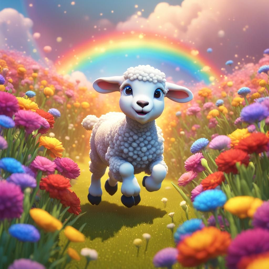 Joyful Lamb in Rainbow Flower Field