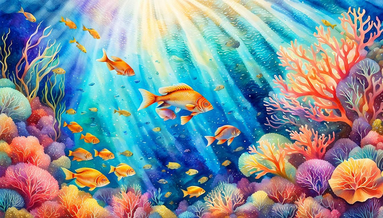 Oceanic Splash Art of Seabed Flowers and Fish