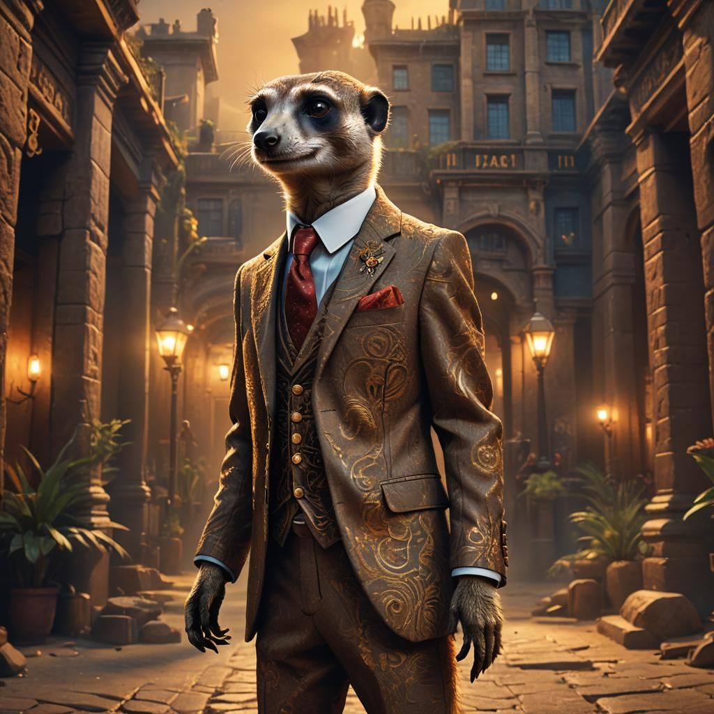 Astute Meerkat in Suit: Detailed Matte Painting