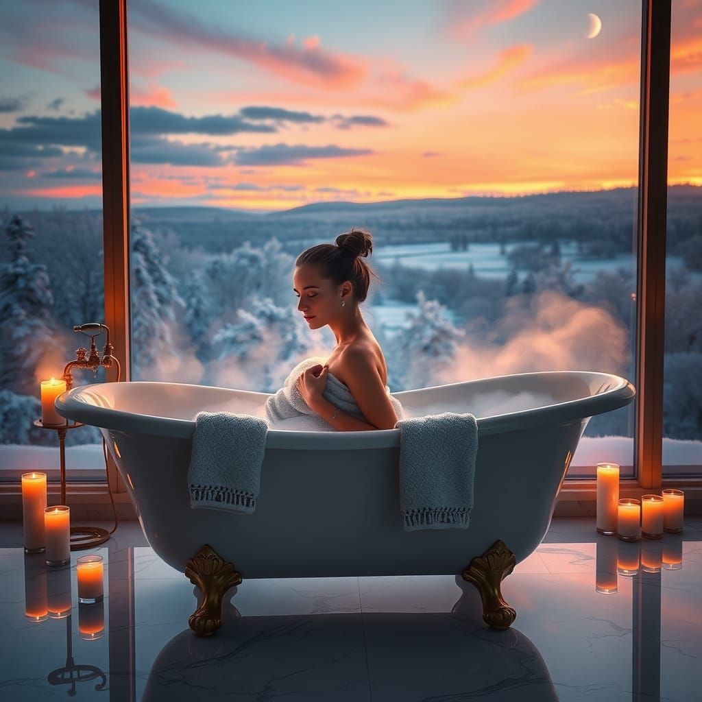 Relaxing Bath with Winter Sunset View