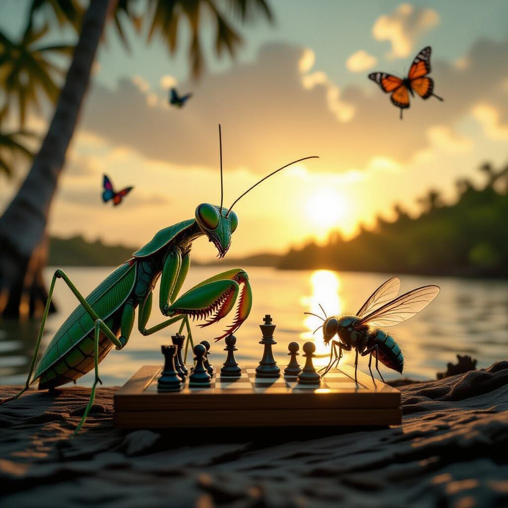 Giant Mantis Plays Chess with Fly on Mangrove