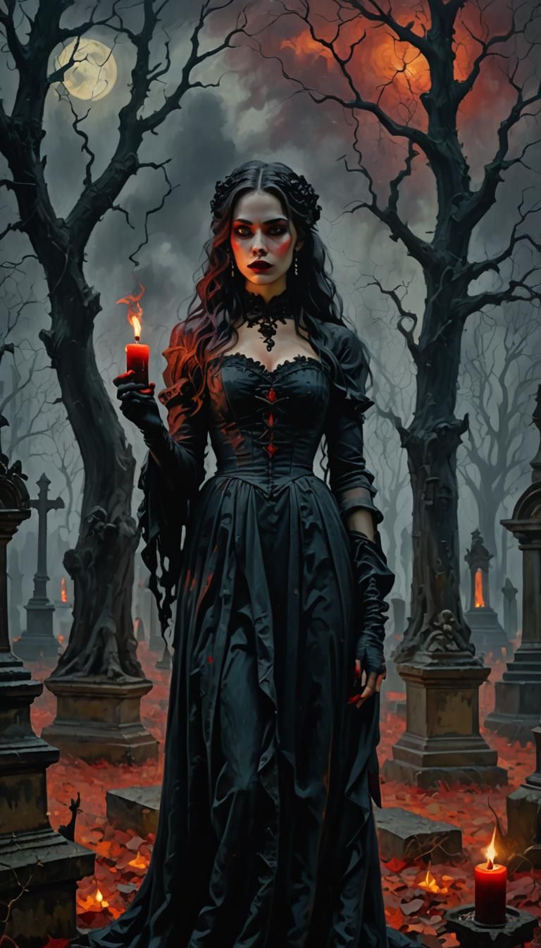 Gothic Woman with Candle in Eerie Graveyard