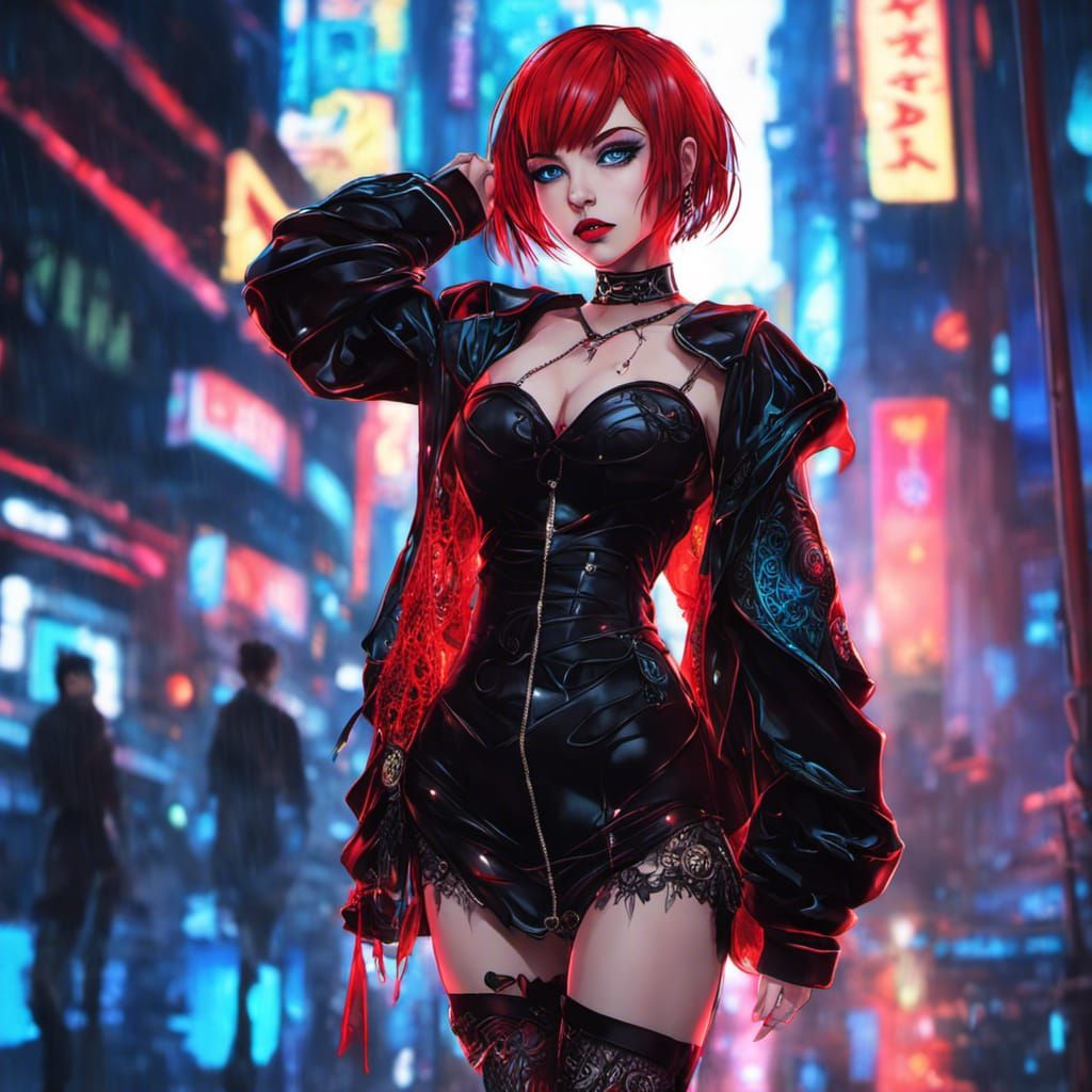 Raver Goth Woman in Neon City Anime Style
