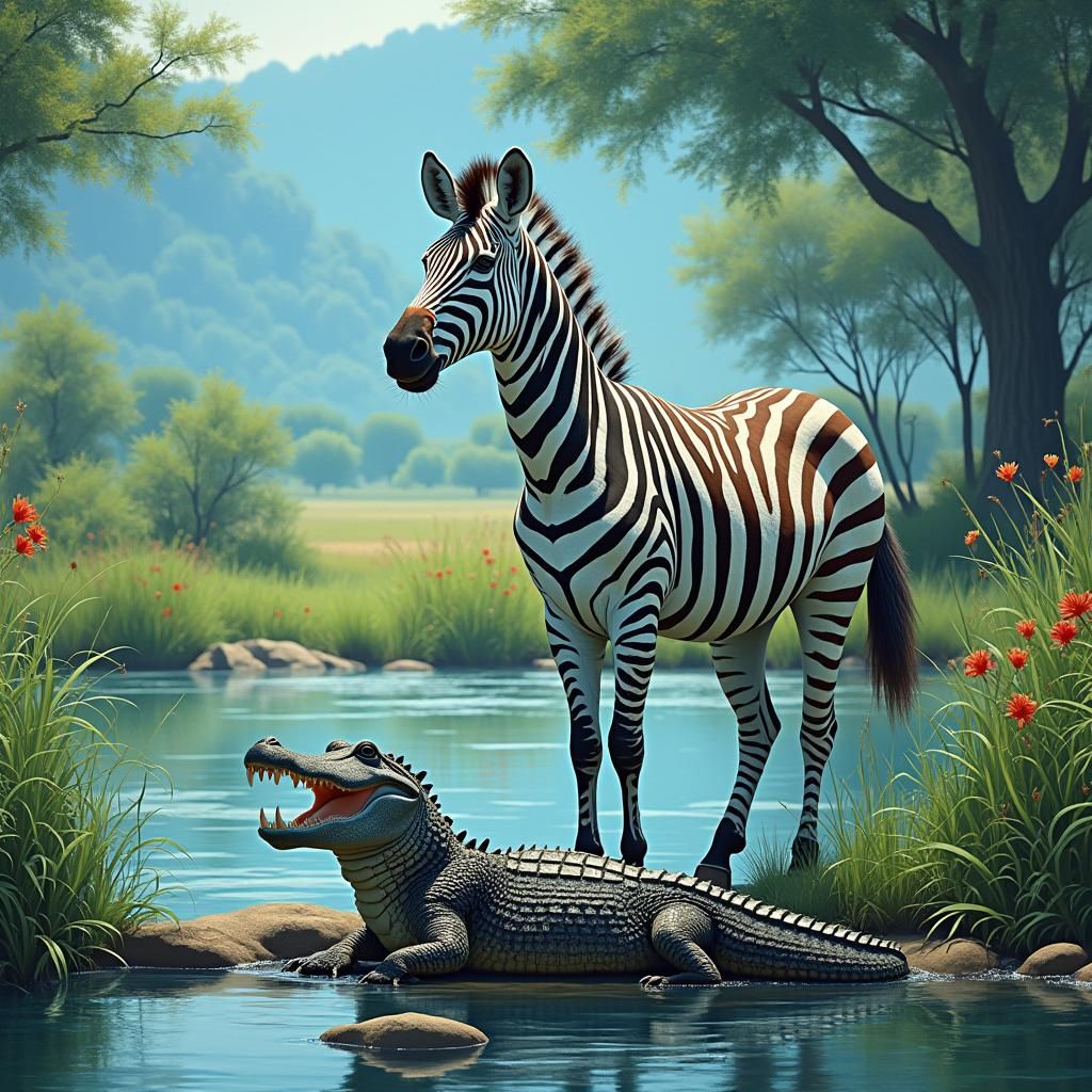Zebra and Crocodile in a Watercolor Savannah