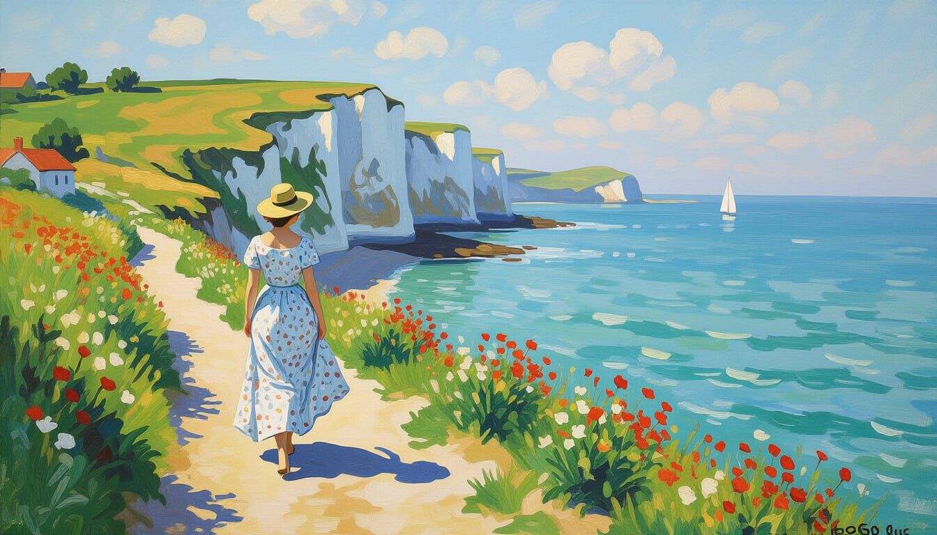 Woman on White Cliffs of Dover in Impressionist Style