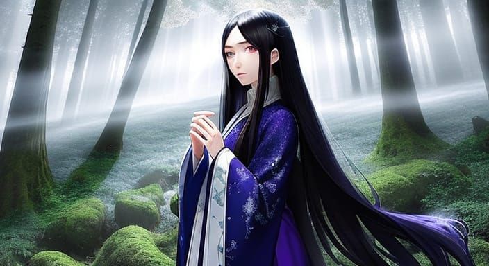 Anime Girl in Misty Forest with Glowing Light