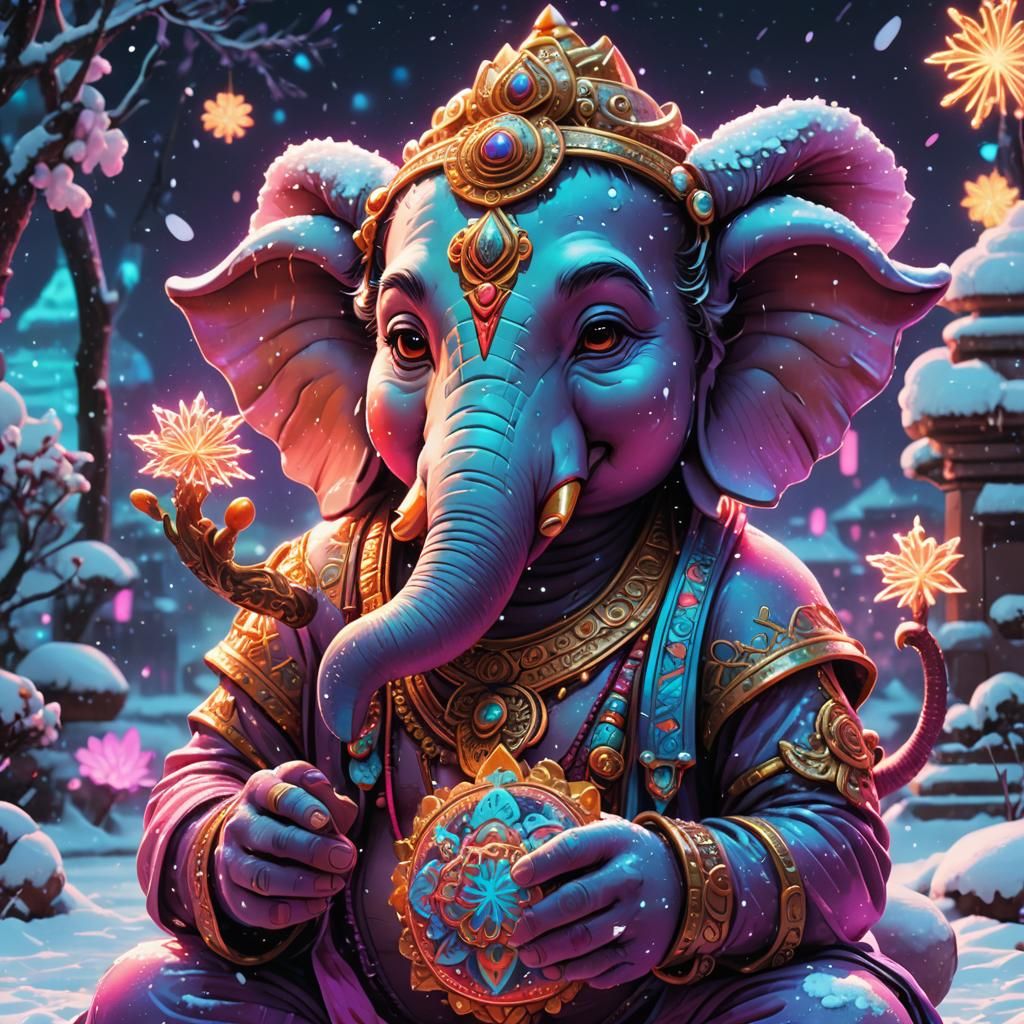 Neon Ganesha with Mouse in Synthwave Retro Style