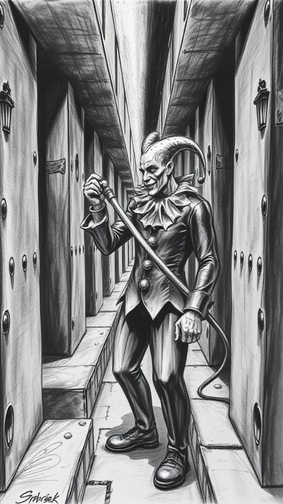 Jester Navigates a Complex Maze in Hyperdetailed Charcoal