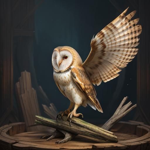 "show a barn owl sitting n a piece of wood"