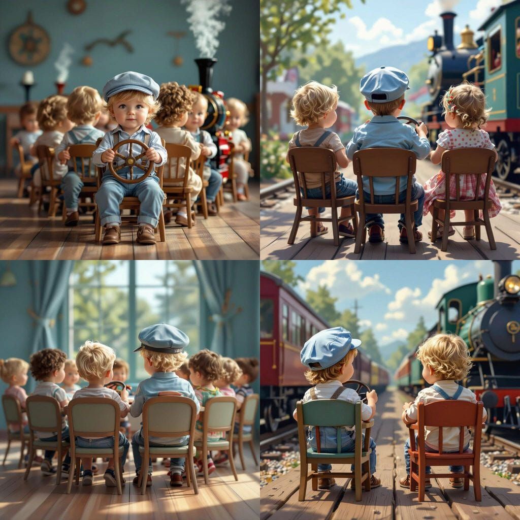 Toddlers Play Train Game in Peaceful Childhood Scene