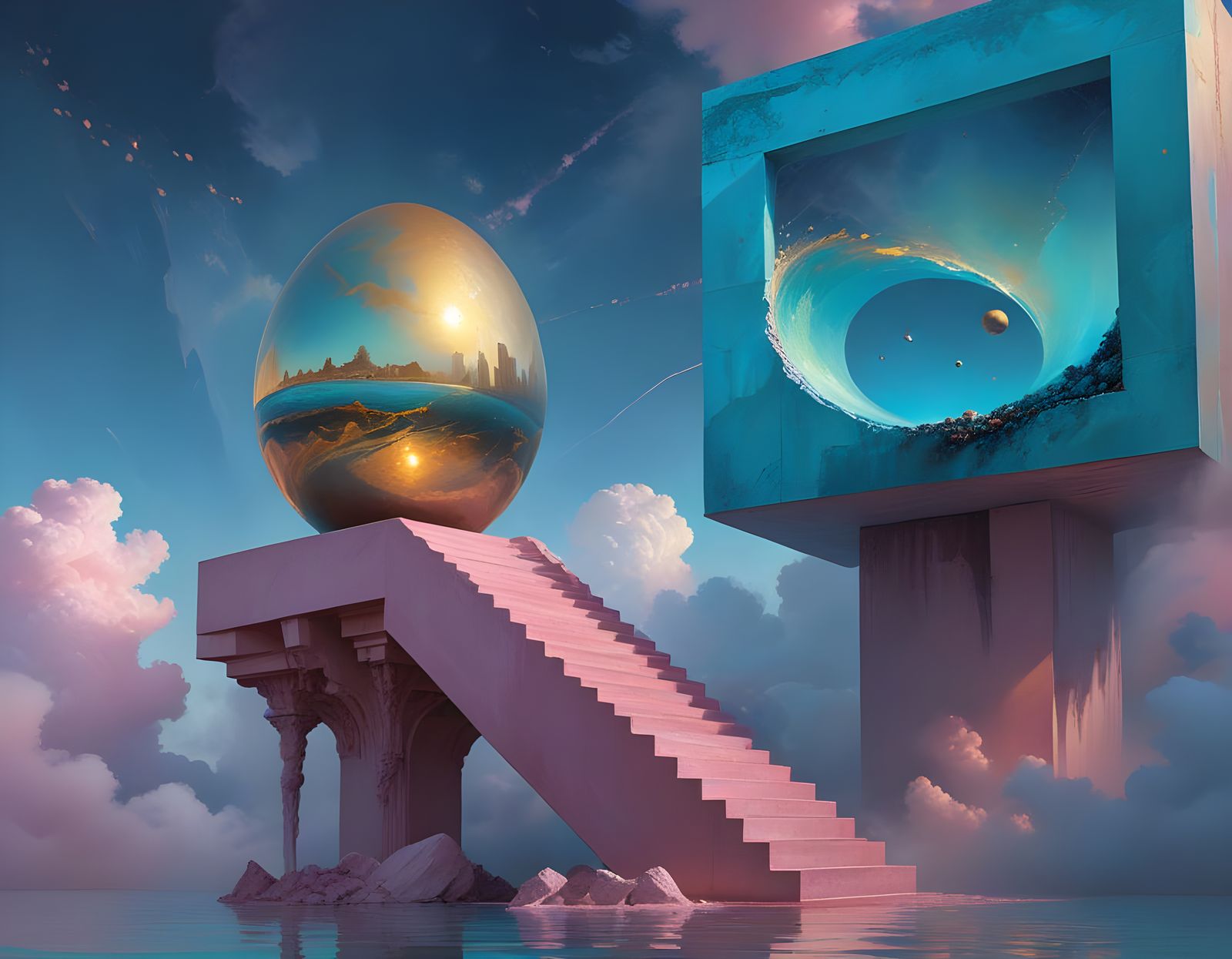 Cosmic Egg Fountain Under Shadow-Light, Diluted Ink Art