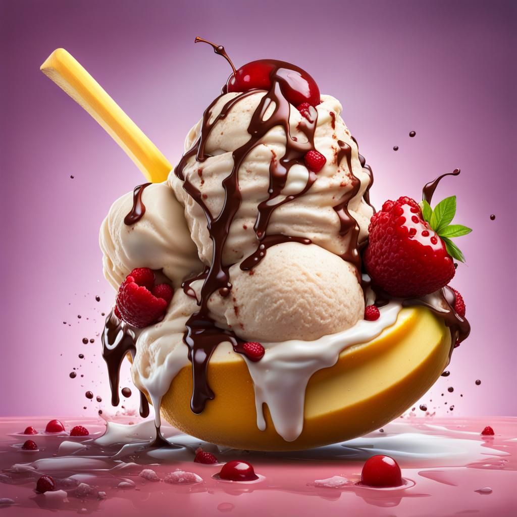 Hyperrealistic Ice Cream Banana Split Splash Art