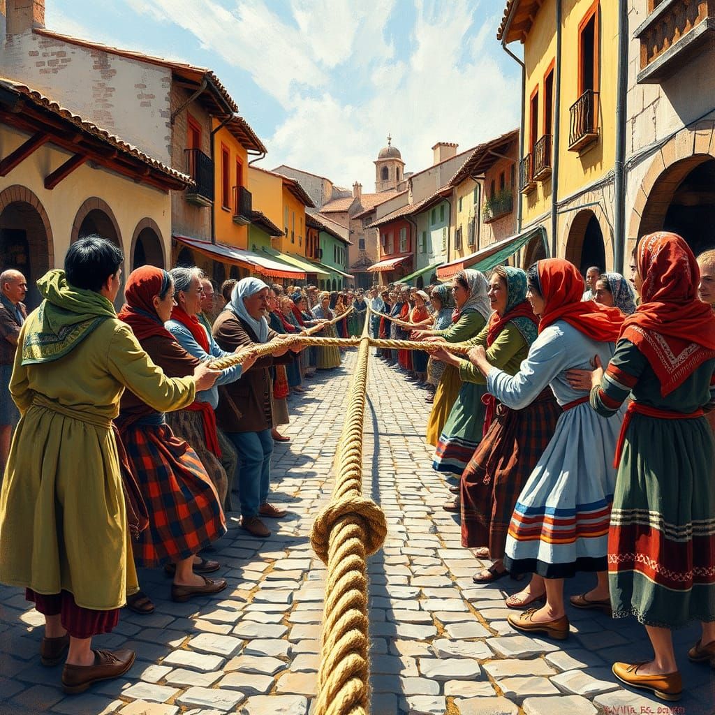 Lively Tug-of-War in Folk Art Style