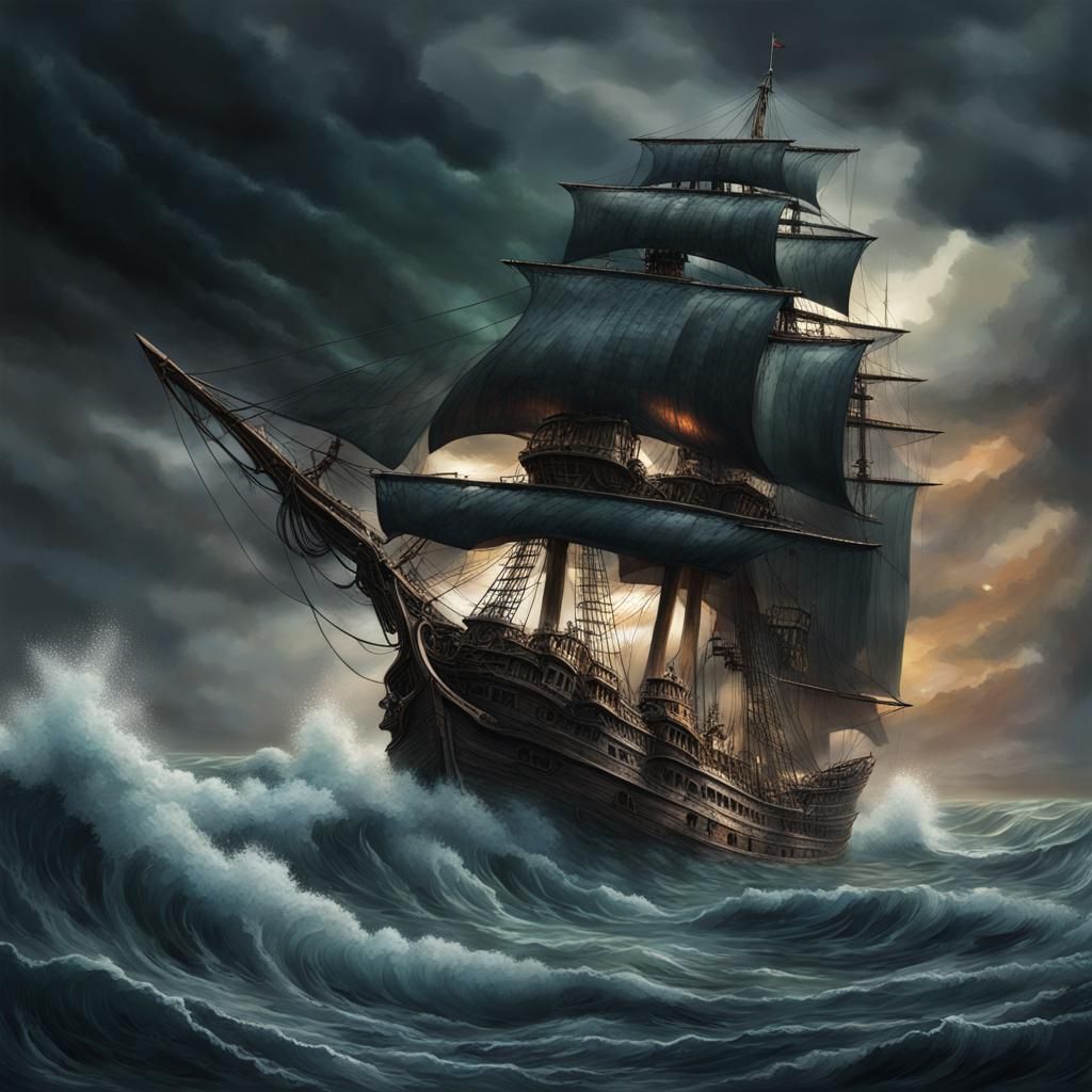 Ghost Pirate Ship Emerges from Stormy Sea