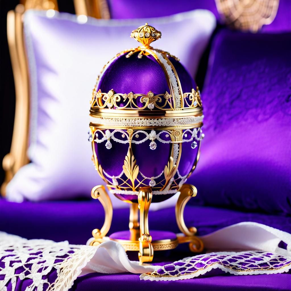 Ornate Faberge Egg Resting on Purple Pillow