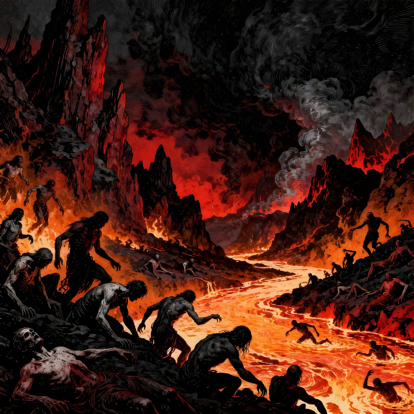 Tormented Souls in Hell's Fiery Landscape: Gothic Etching St...