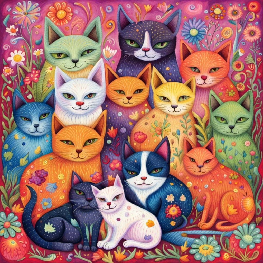 Cats and Dogs Snuggling: A Surreal Pointillist Scene