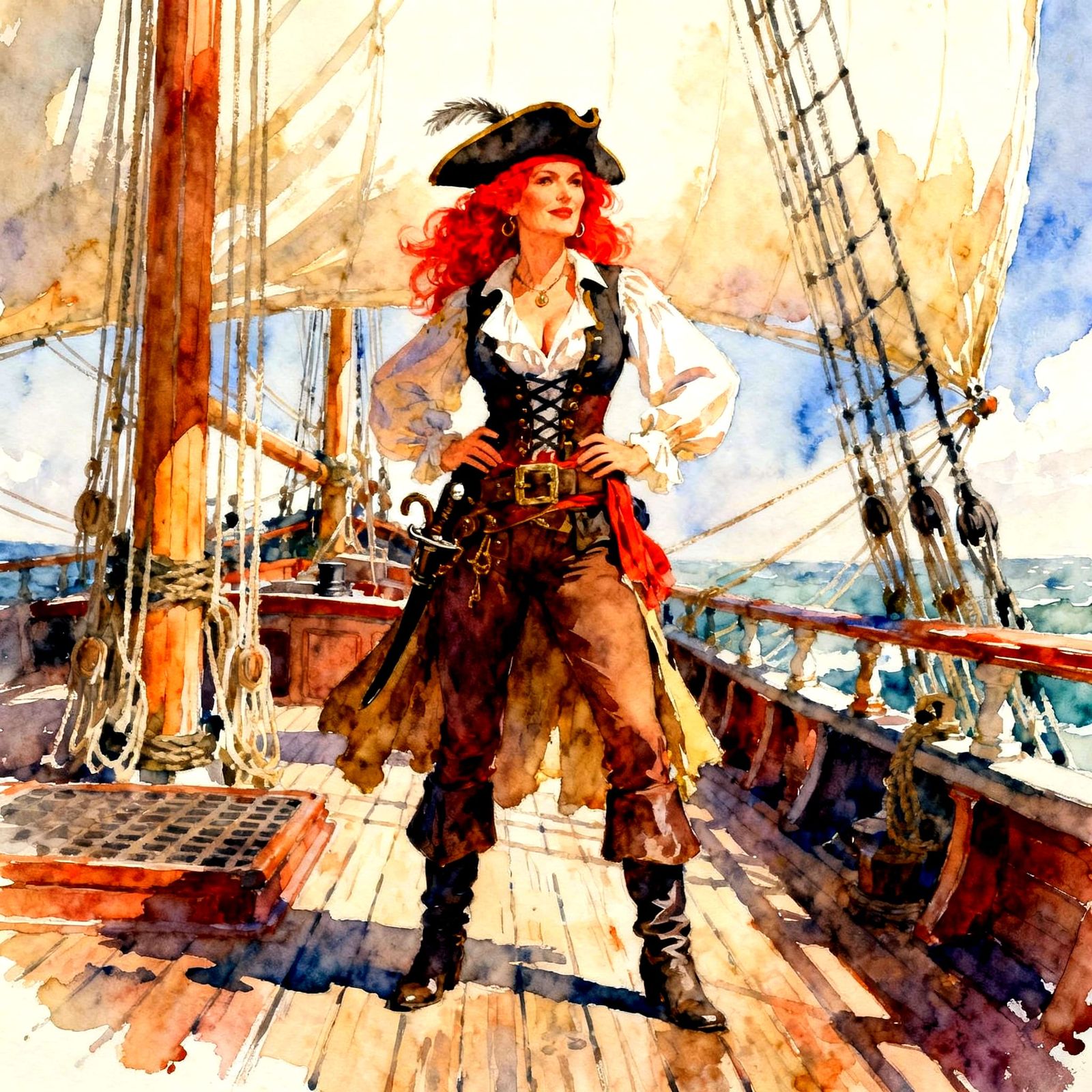 Beautiful Pirate Woman on Ship Deck in Watercolor