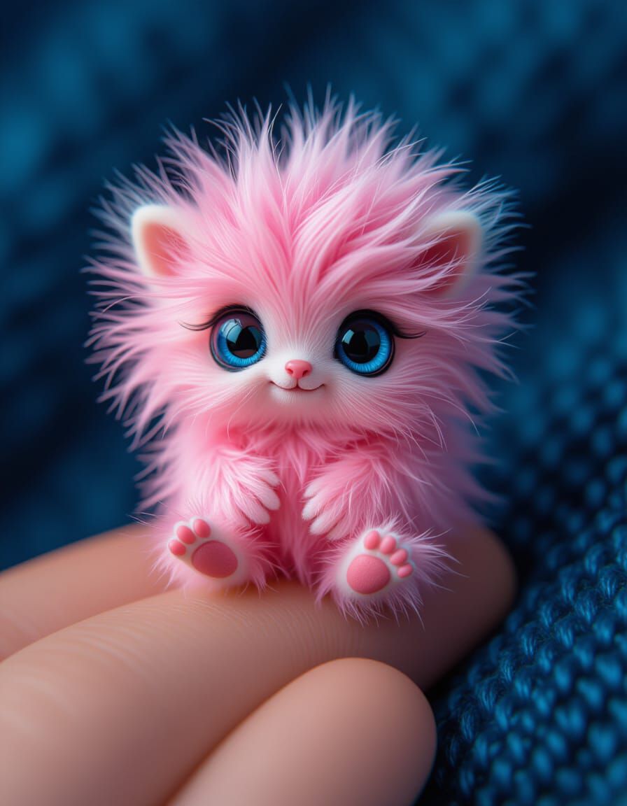 Tiny Pink Creature With Blue Eyes Sits on Thumb
