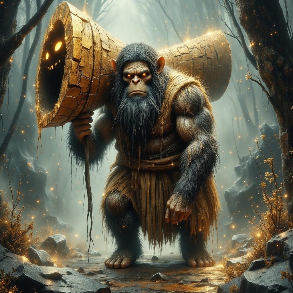 Neanderthal Carries Smiling Club in Ethereal Mist