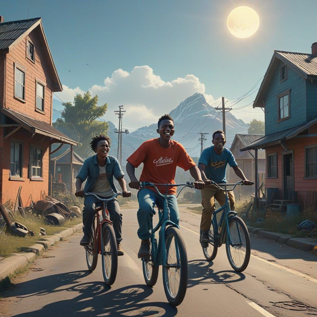 Vibrant Township Street Scene with Joyful Black Boys on Bicy...