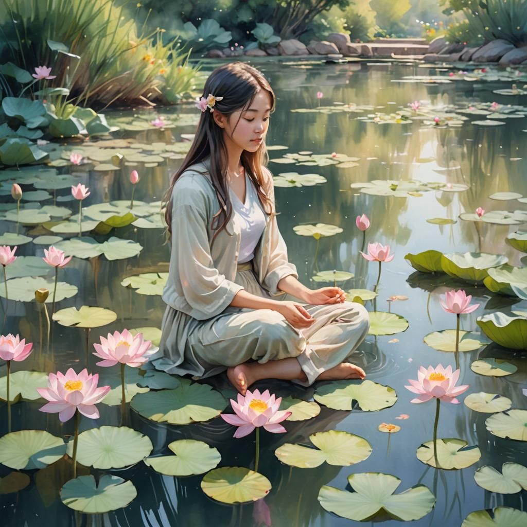 Gentle Girl Amidst Watercolor Lotus Blooms