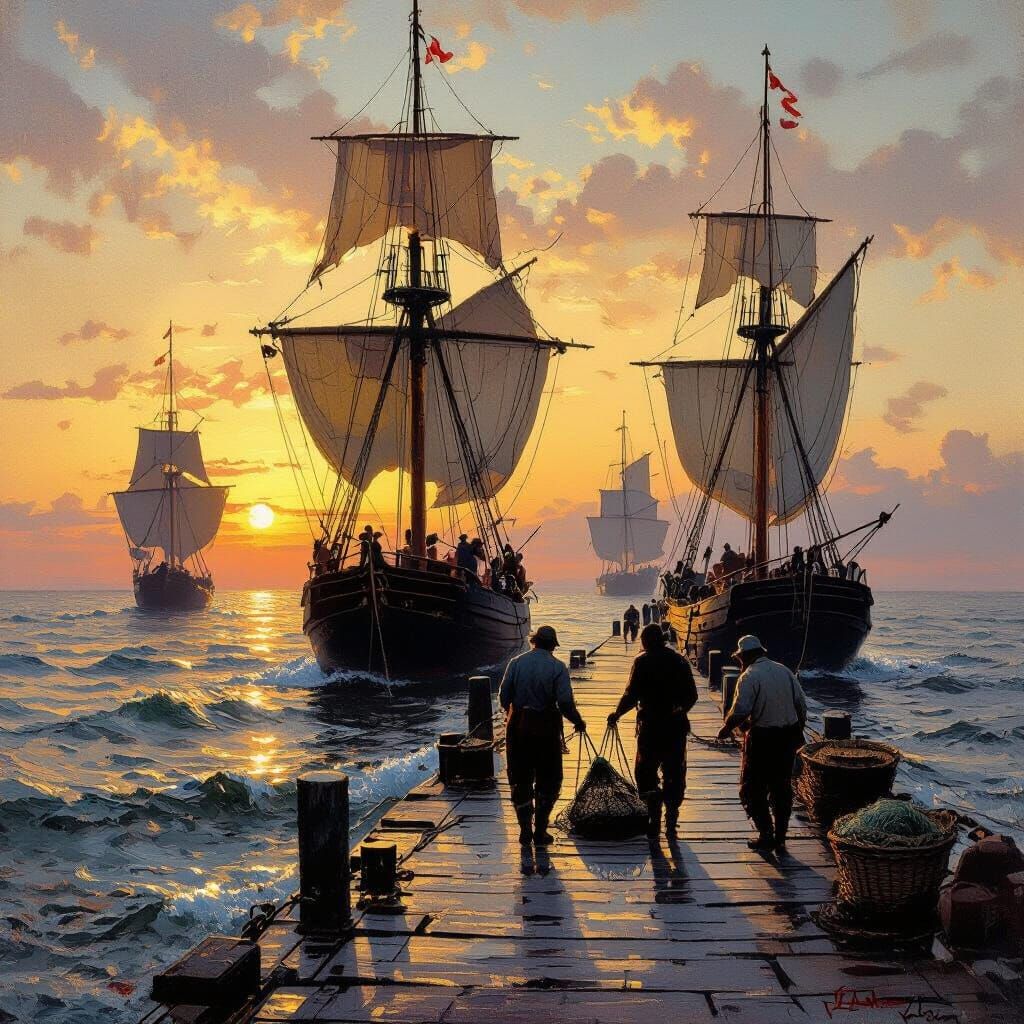 Golden Sunset Harbor in Romantic Realism Style