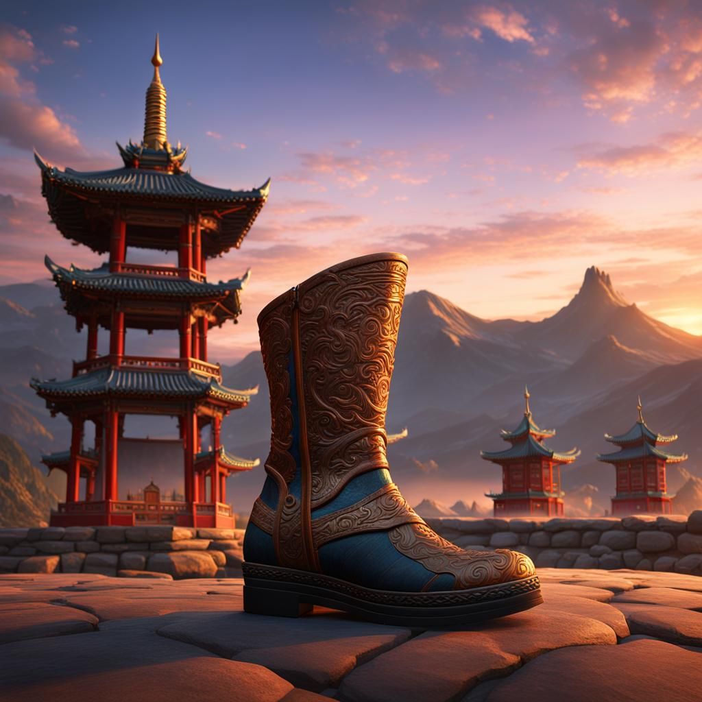 Mongolian Boots at Pagoda Sunset: Fantasy Concept Art