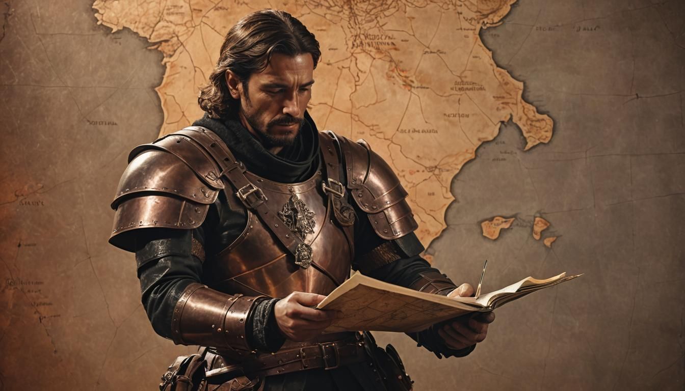 Conquistador Examines Map in Ornate Ship Cabin