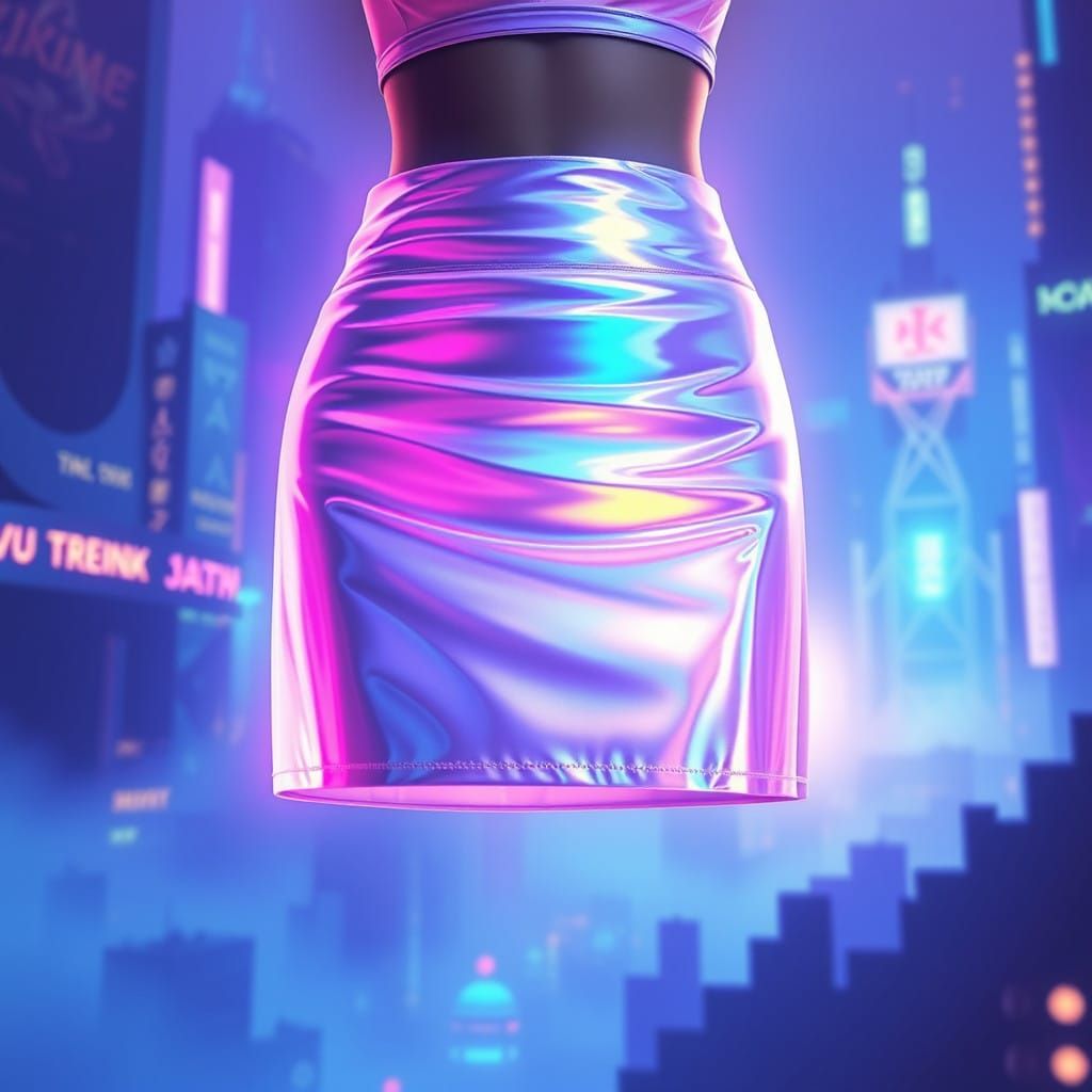 Sleek Holographic Mini Skirt in Cyberpunk Cityscape