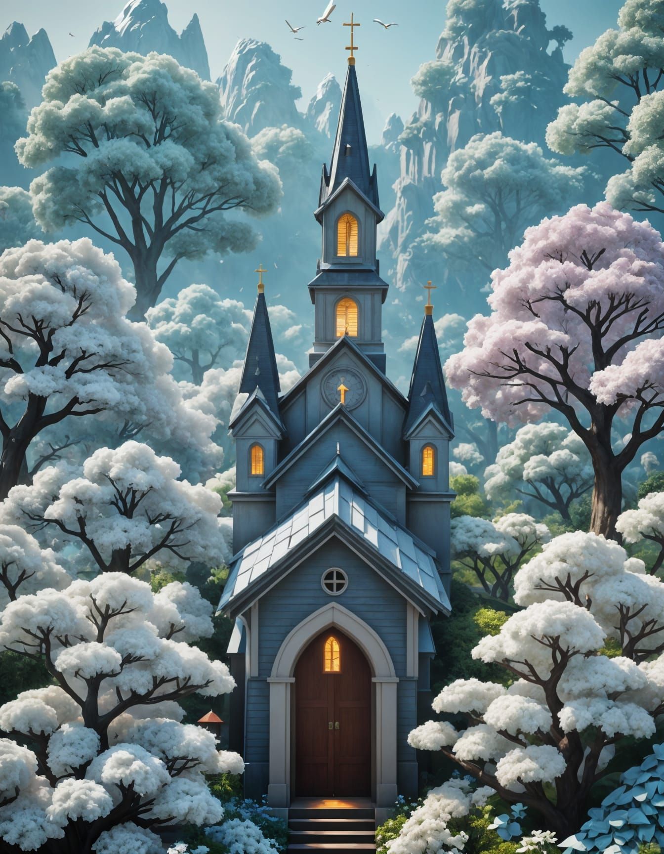 Origami Paper Art Village with Church and Flowers