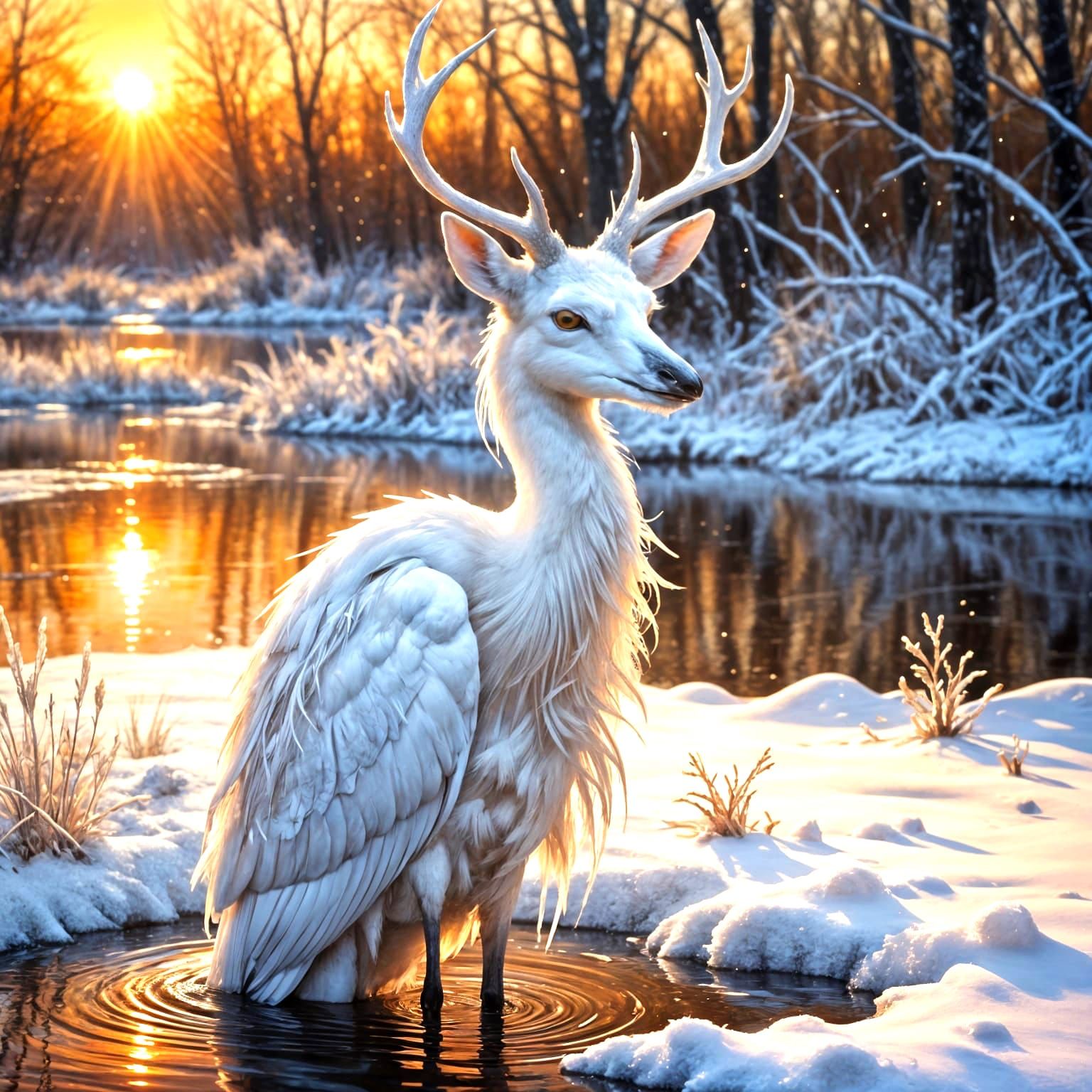 Ethereal Heron-Deer Hybrid in Golden Sunset Glow