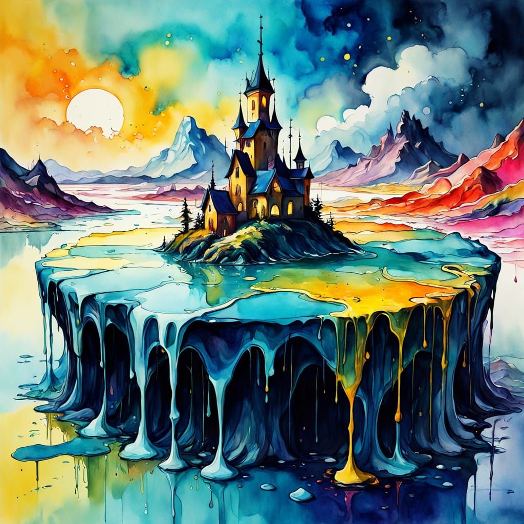 Whimsical Watercolor Landscape with Melting Forms