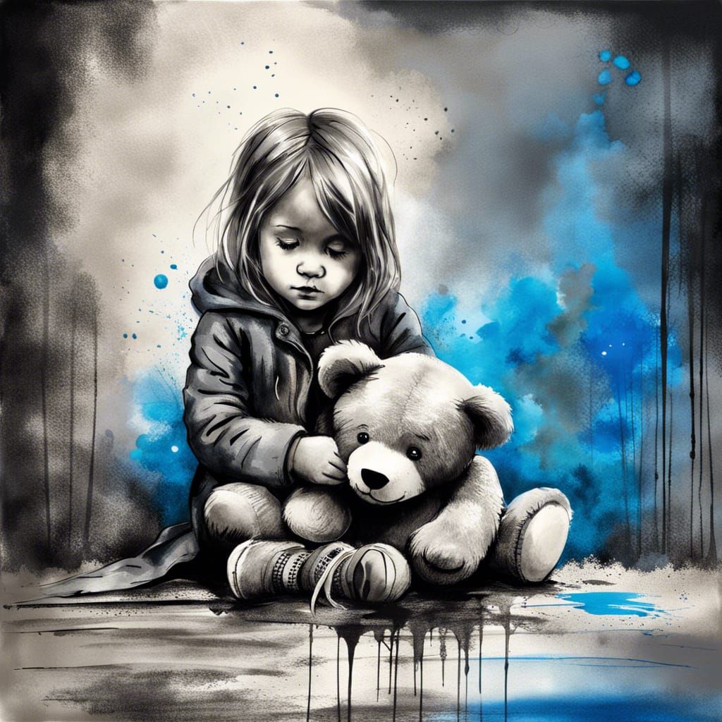 Emotional Toddler Hugging Teddy Bear: Ink and Charcoal Art