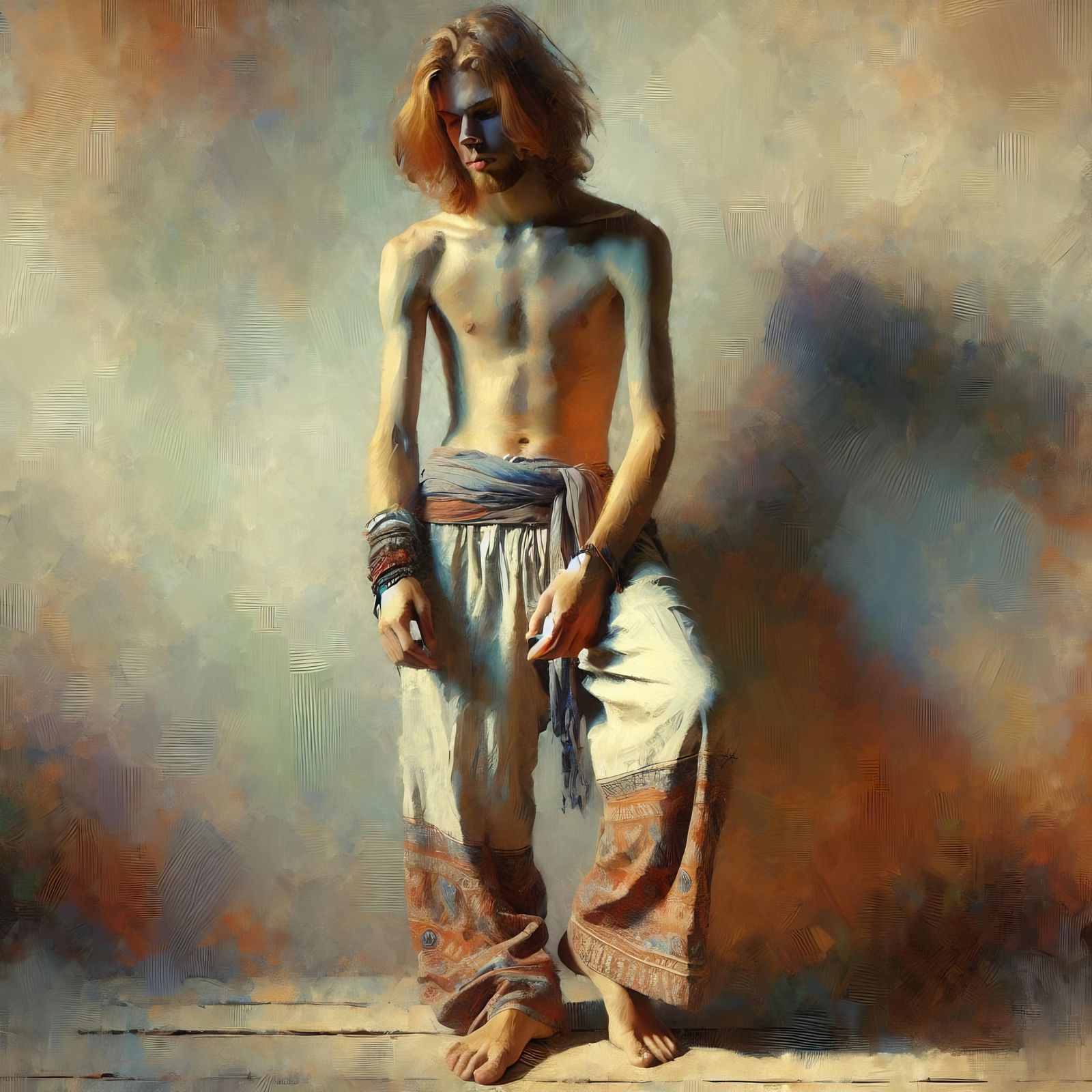 Barefoot Ginger Hippie Portrait in Neo-Impressionist Style