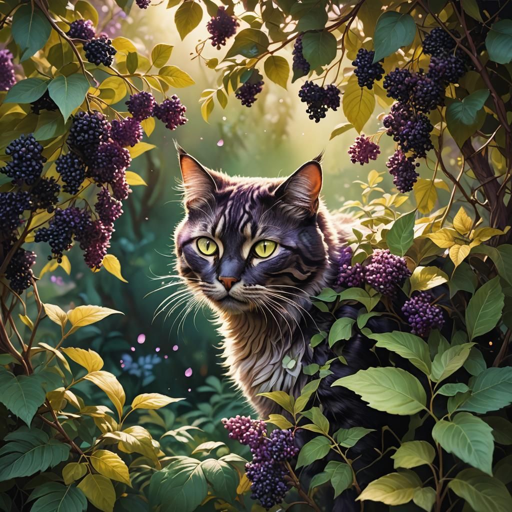Cat in Elderberry Bush: Whimsical Matte Painting