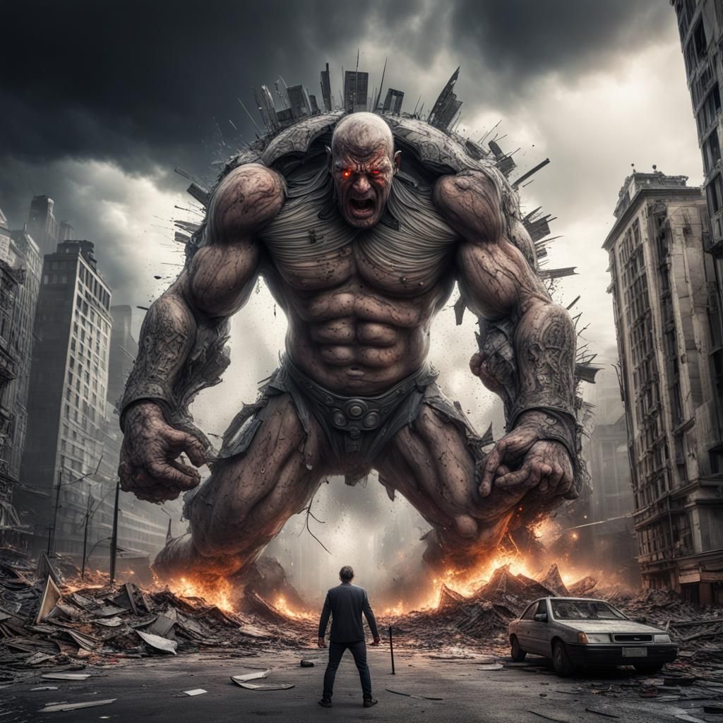 A giant mad man destroys the city