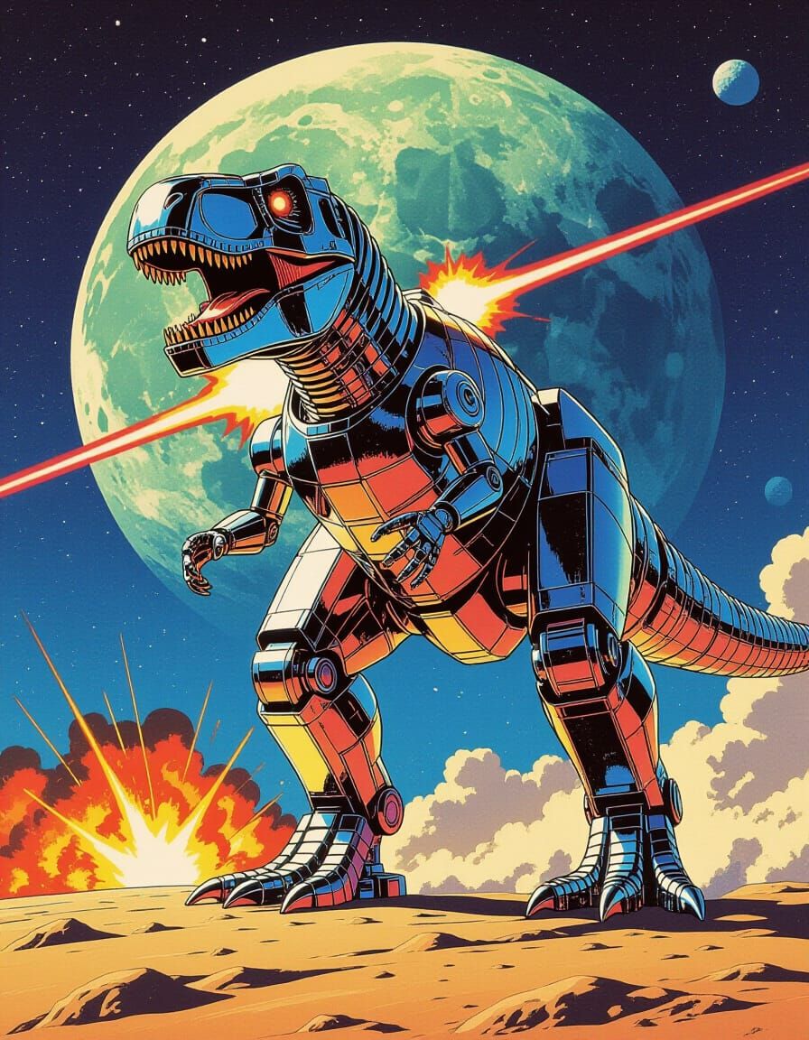 Robot T-Rex Moonwalk: 80s Pulp Sci-Fi Art