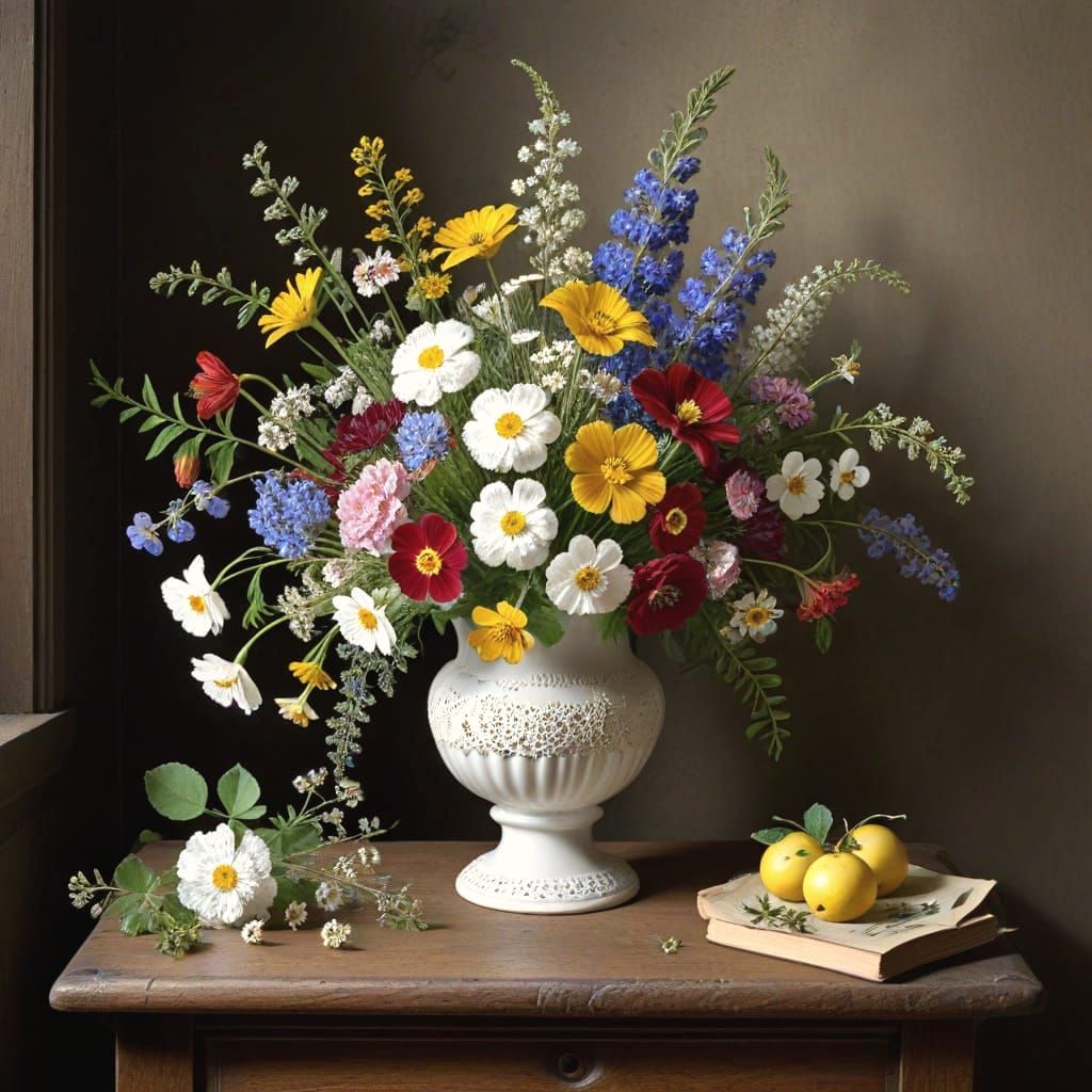 Exquisite Wildflower Still Life in Rustic Vase