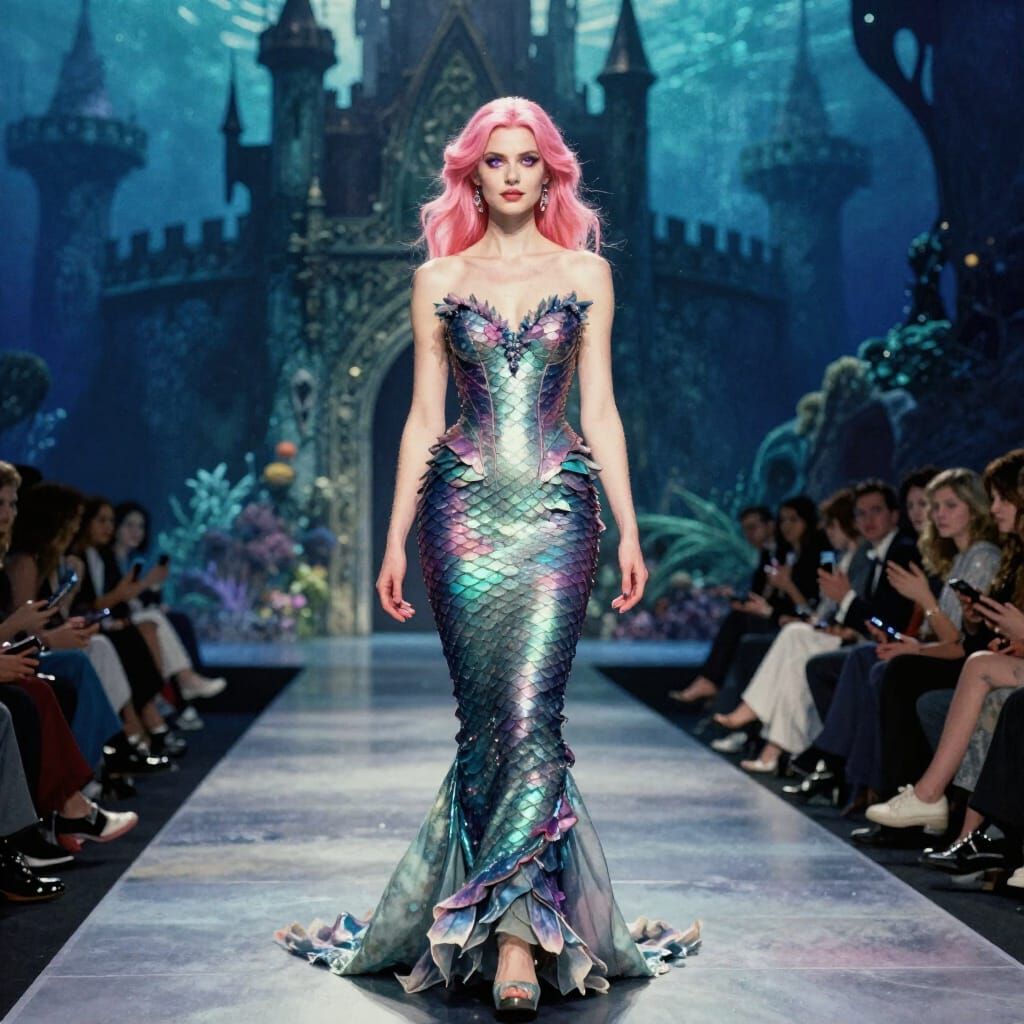 Woman in Scaly Gown on Undersea Runway