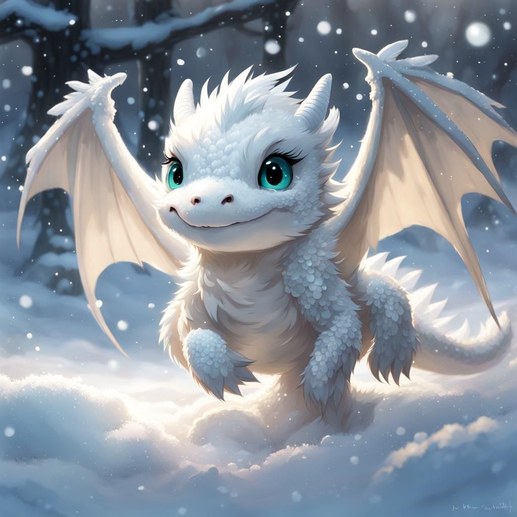 Adorable Chibi Dragon Playing in Snow
