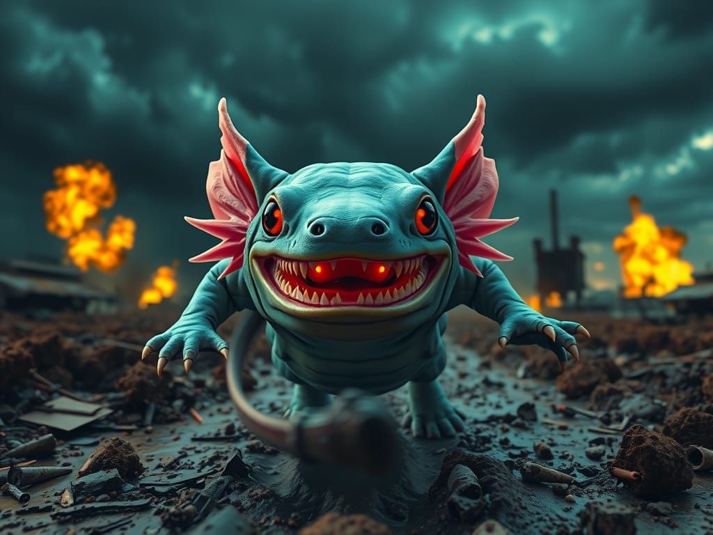 Grim Axolotl Charges Across a War-Torn Battlefield