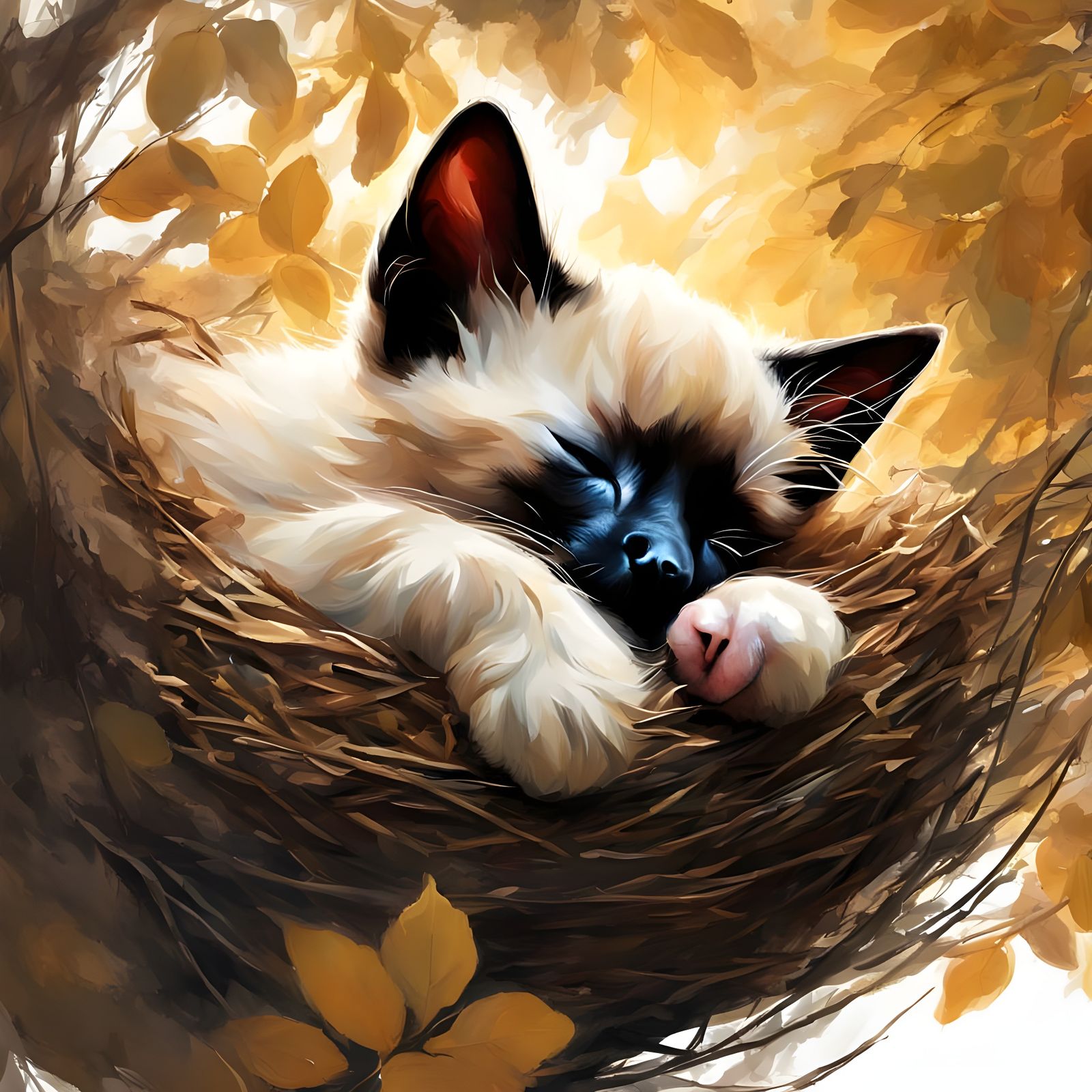Siamese Kitten Sleeping in Bird Nest, Detailed Painting