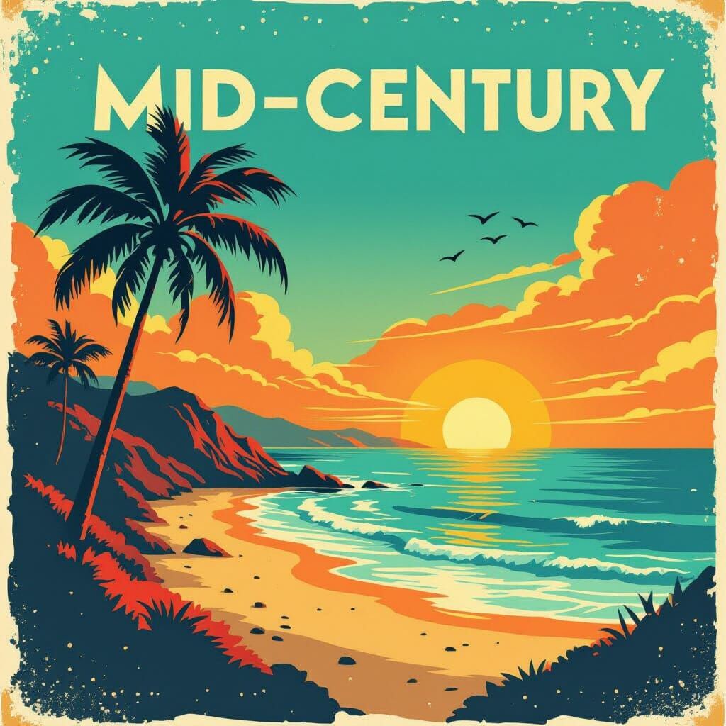 Mid-Century Seaside Scene Travel Poster with Halftone Textur...