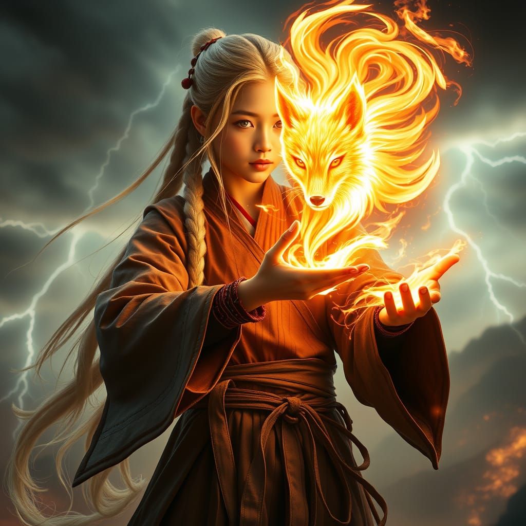 Ancient Warrior Girl Conjures Fiery Fox Spirit