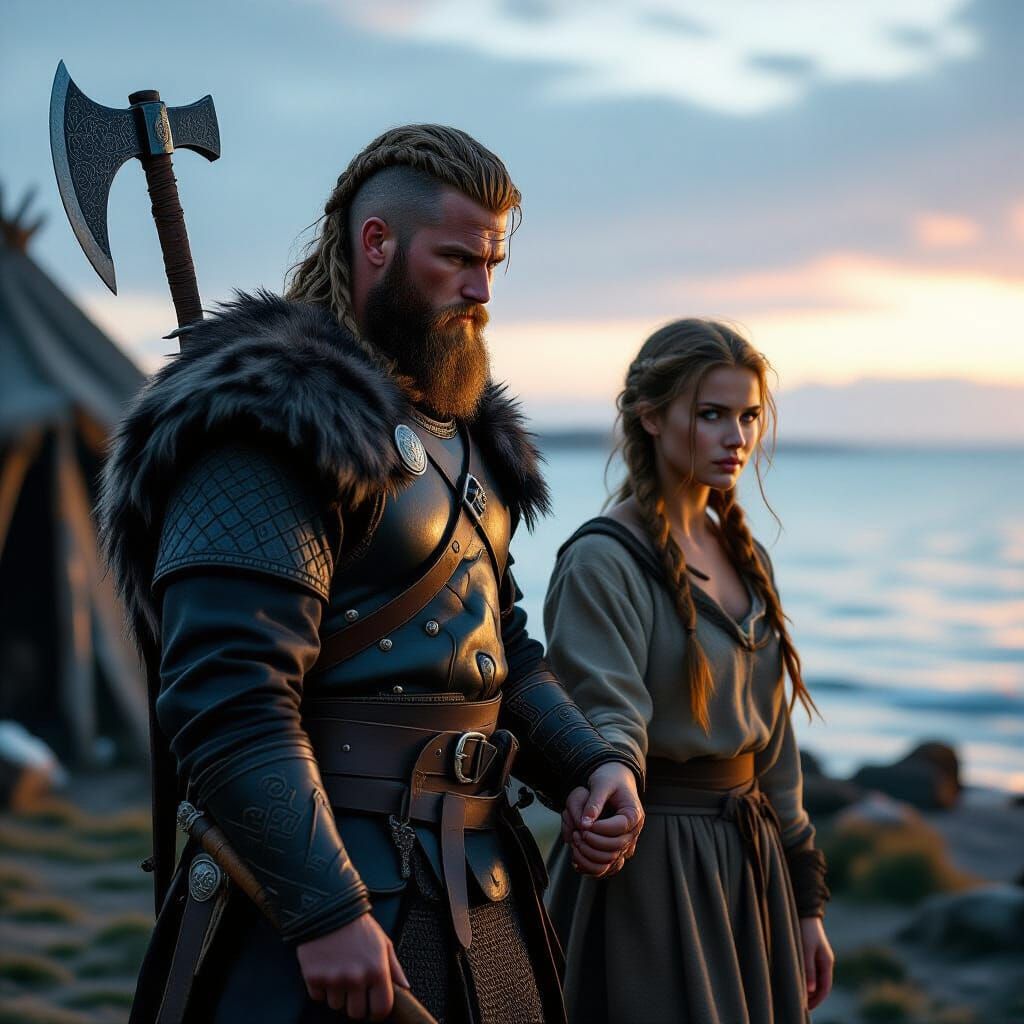 Viking Warrior Escorts Captive Woman at Dawn